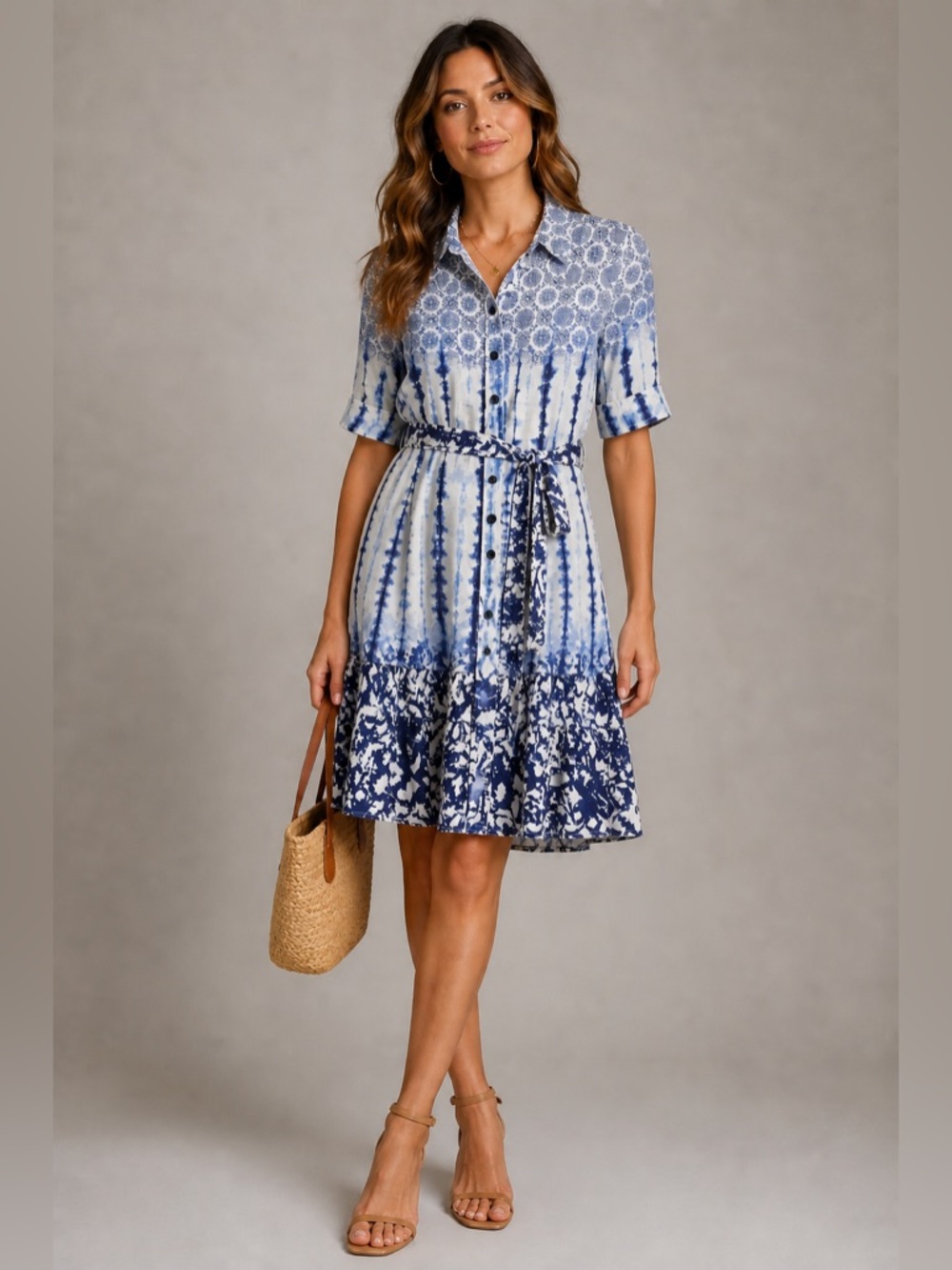 Peter Som Dress Size 6 Blue White Tie Dye Shirt Dress Belted Boho Midi
